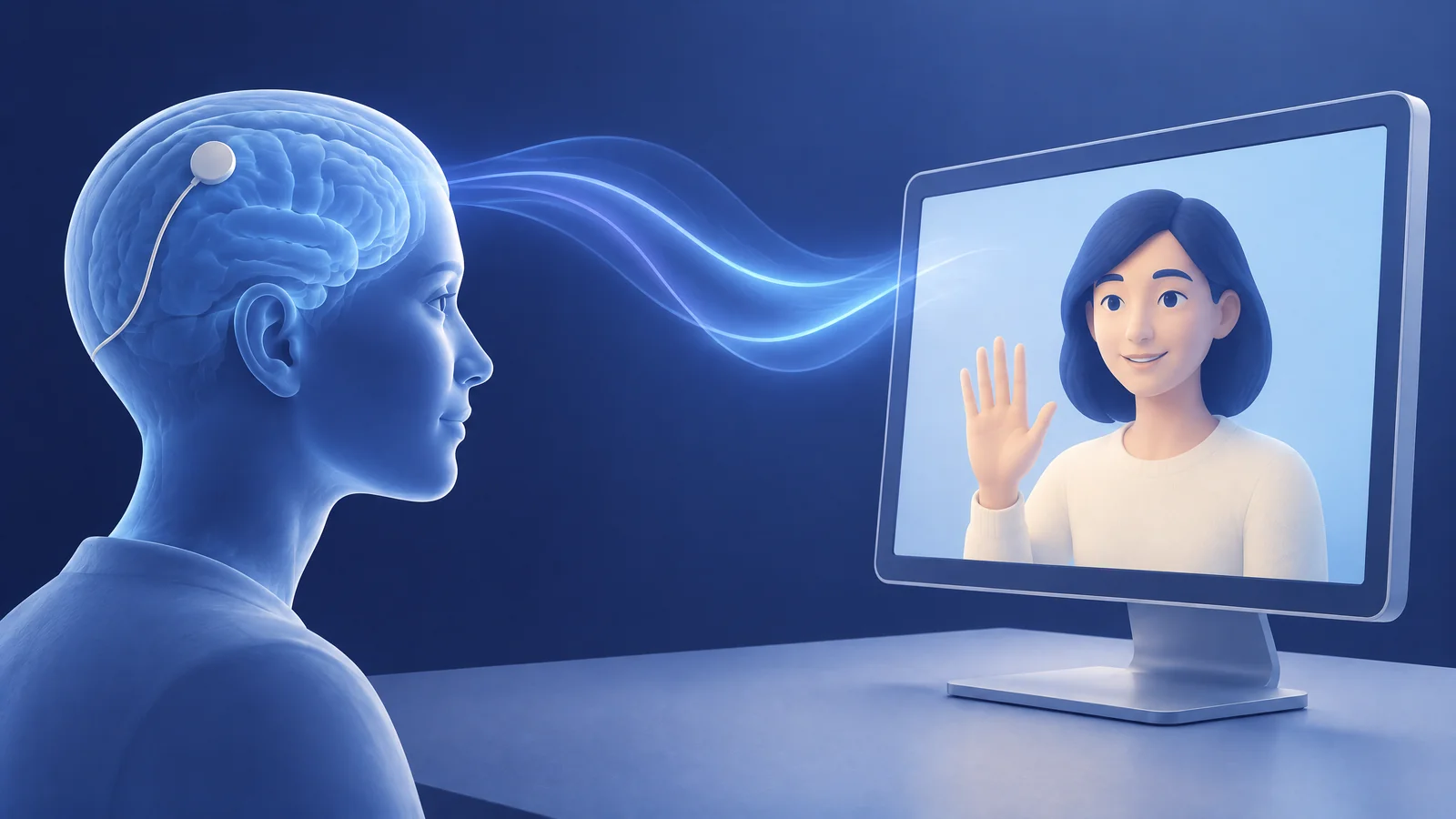 AI-generated illustration of a blue human profile connected to a virtual avatar on a monitor.