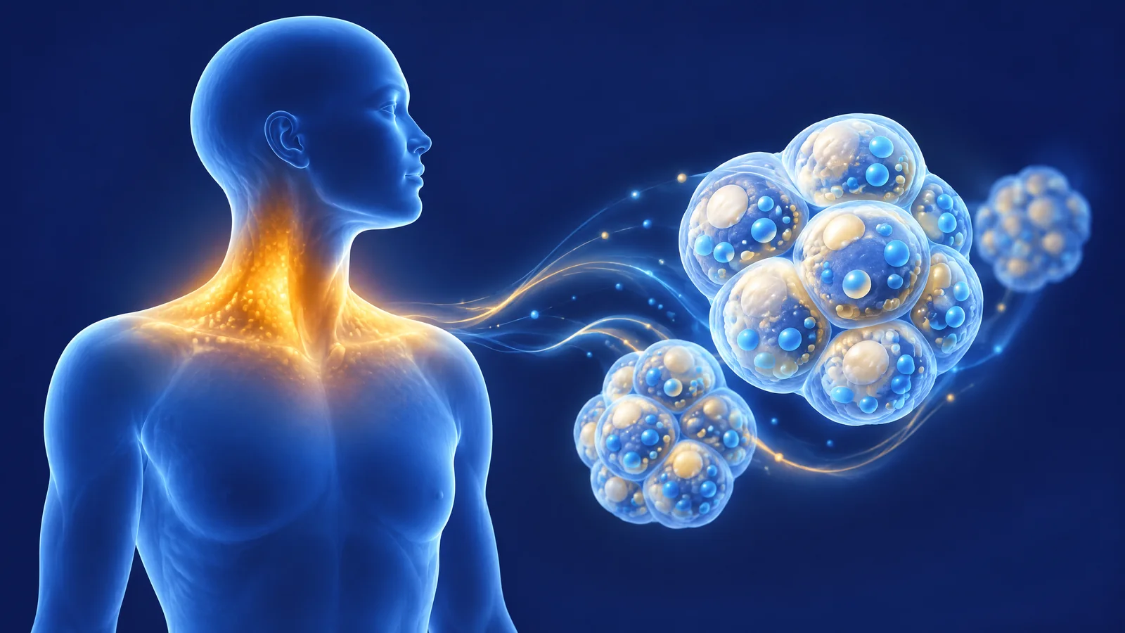 AI-generated conceptual illustration of brown-fat heat activity, with a blue human silhouette and cell-inspired forms.