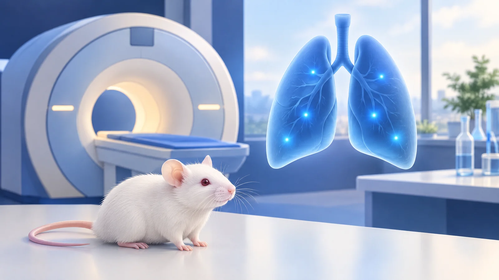 AI-generated illustration of a laboratory mouse, an MRI scanner and symbolic blue lungs.