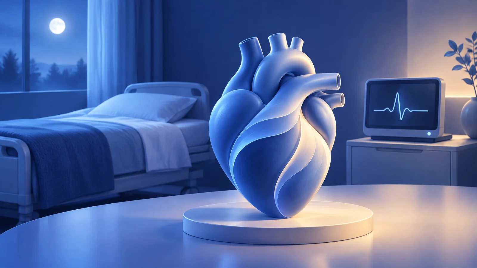 AI-generated conceptual illustration of a blue heart, an empty sleep-study bed and a symbolic ECG monitor.