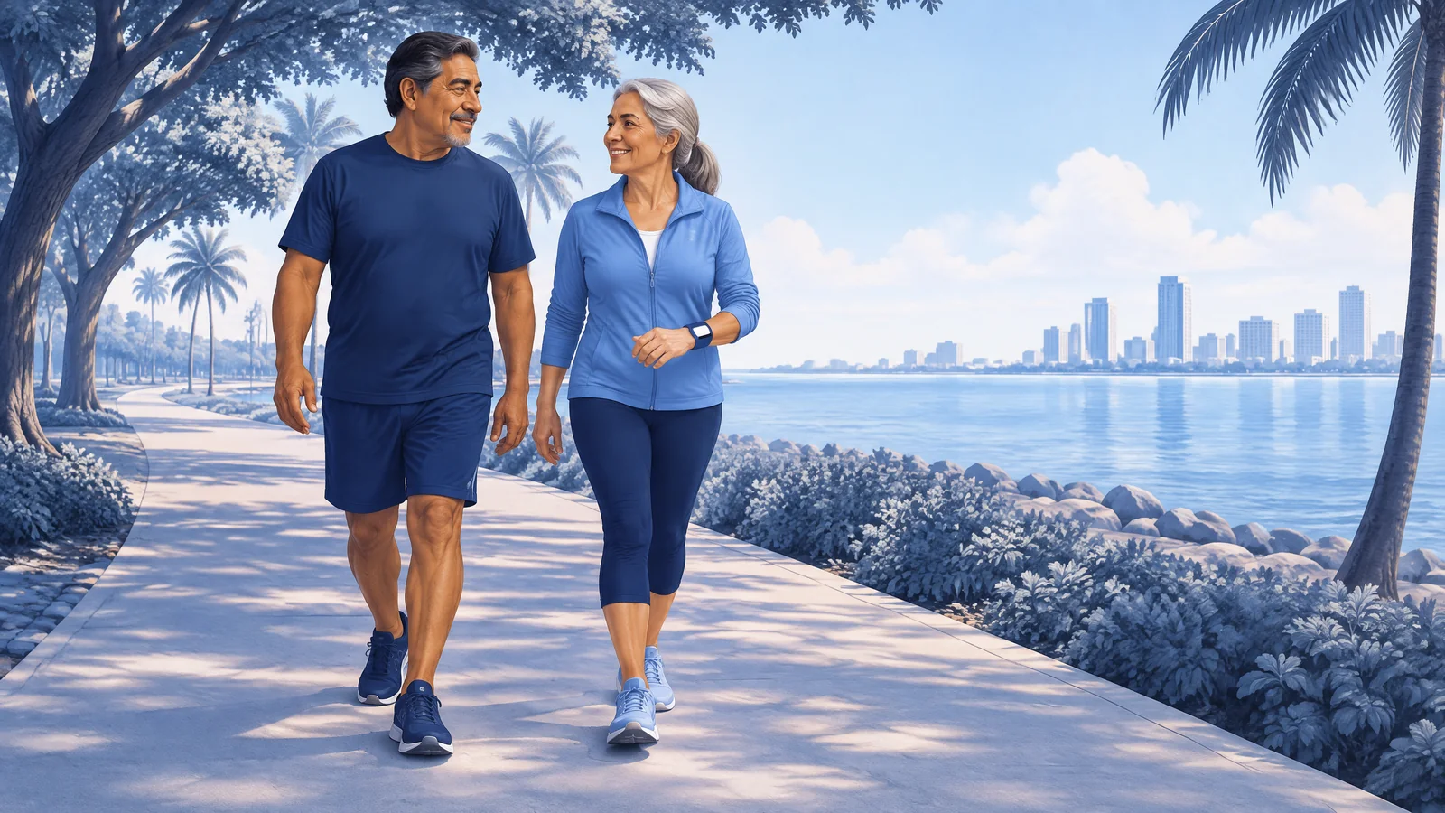 AI-generated editorial illustration of two older adults walking beside a South Florida waterfront.